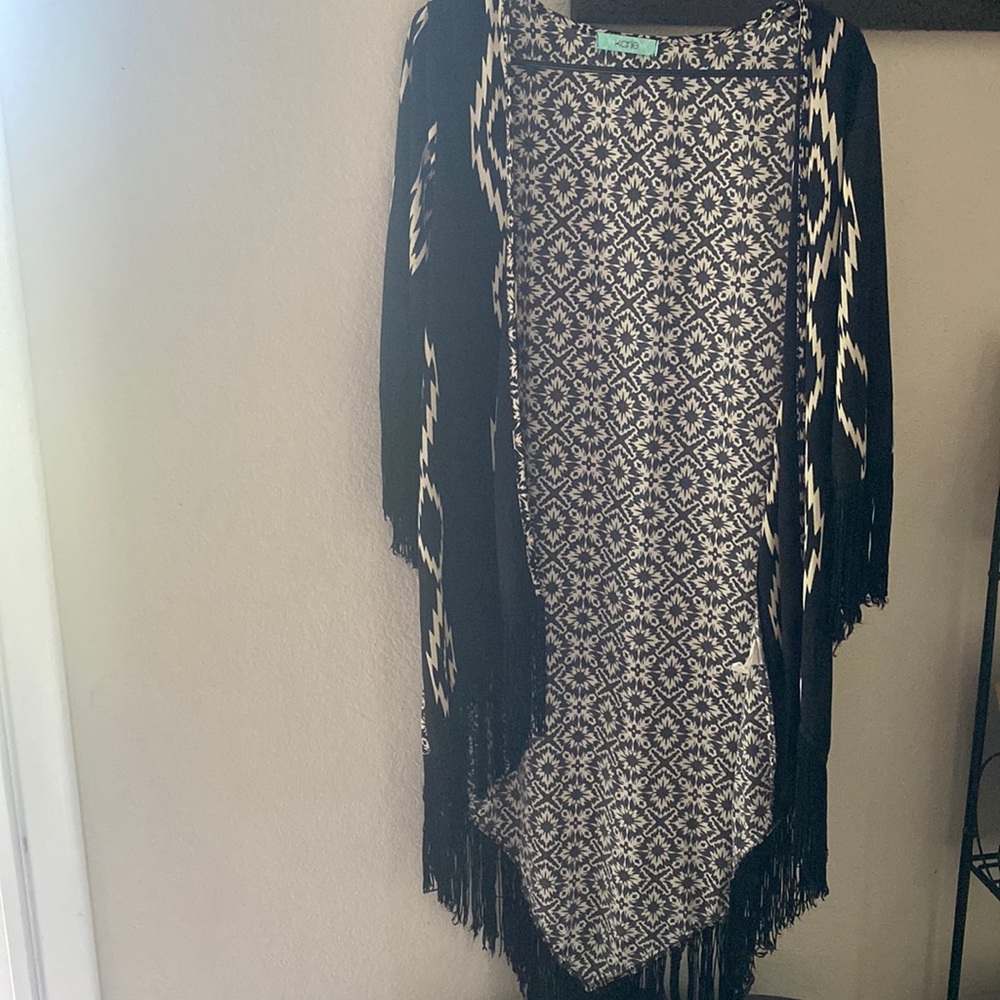 Native print cardigan with black fringe